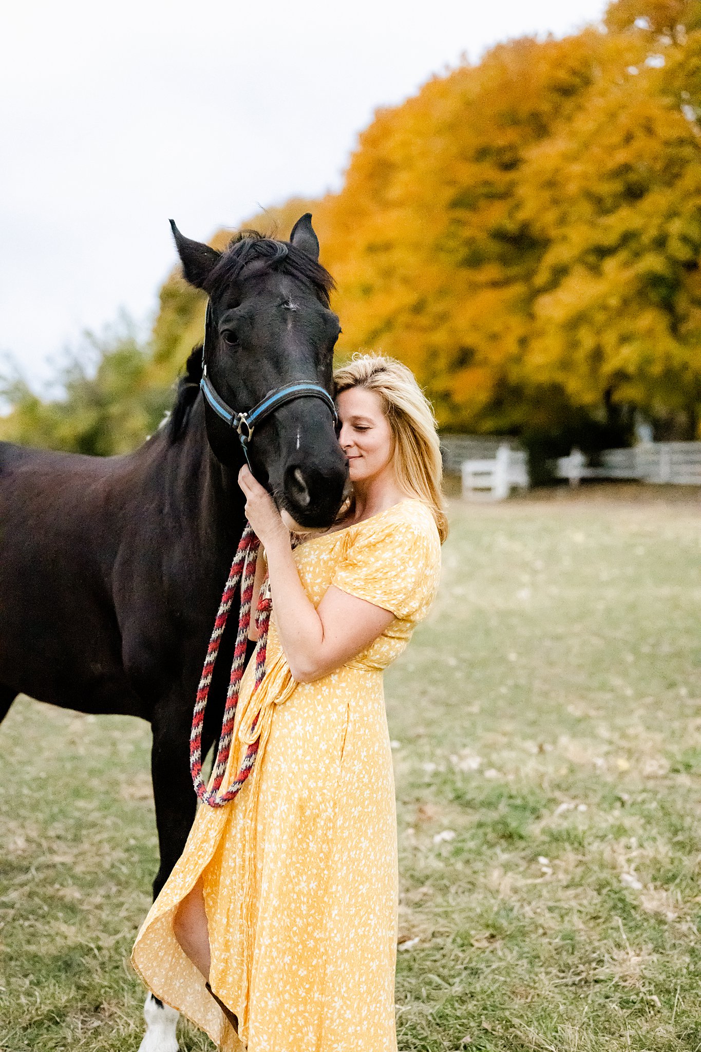 Women in yellow flower sundress nuzzles her face against horse's nose in open pasture Horseback Riding Chicago