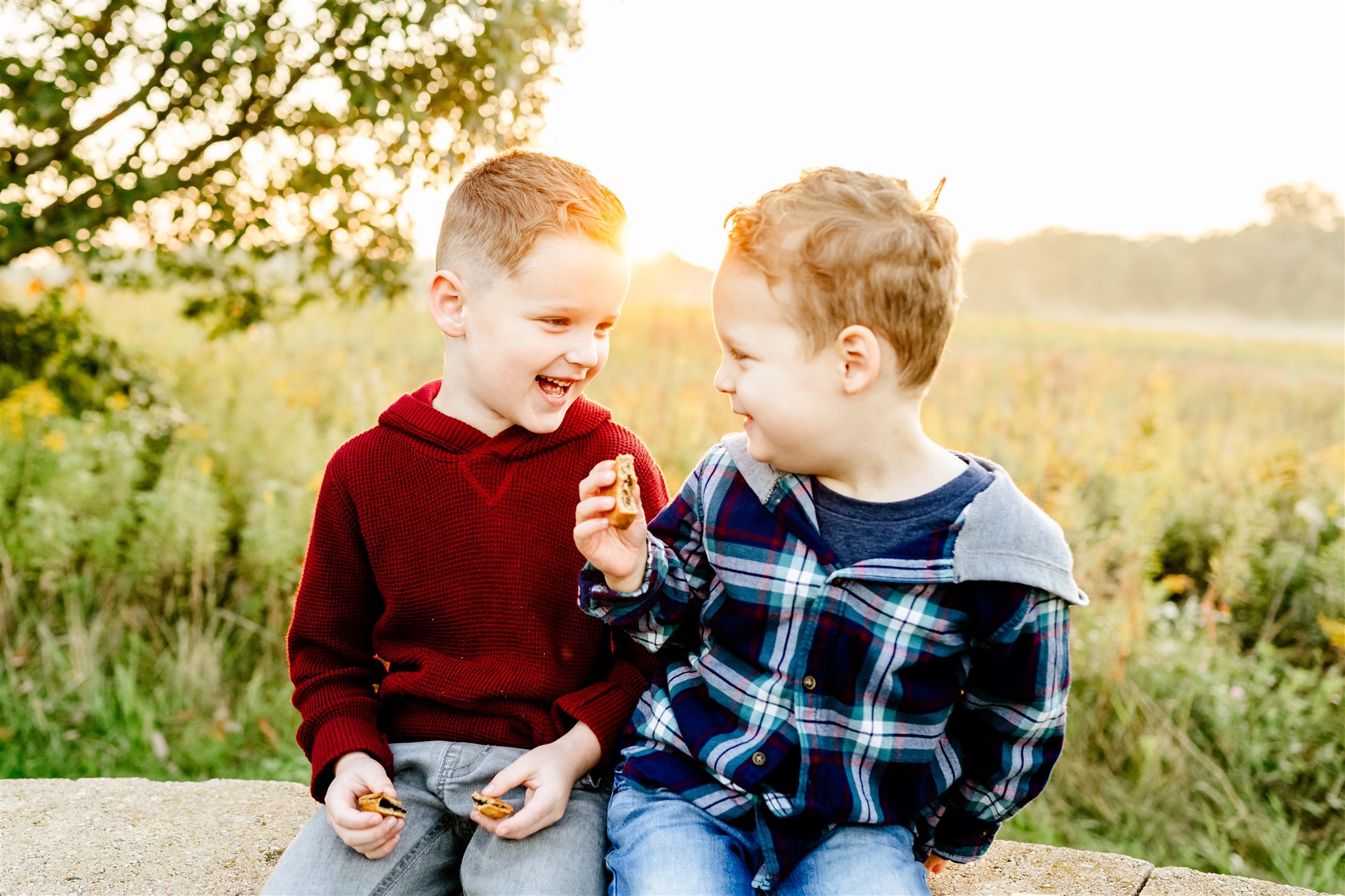 toddler brothers share a snack and laughs in a park at sunset after visiting Naperville playgrounds