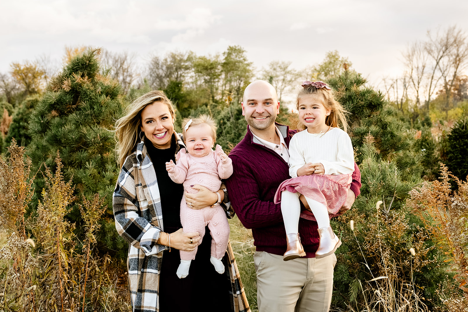Happy mom and dad stand in a christmas tree farm holding their toddler daughter and infant daughter